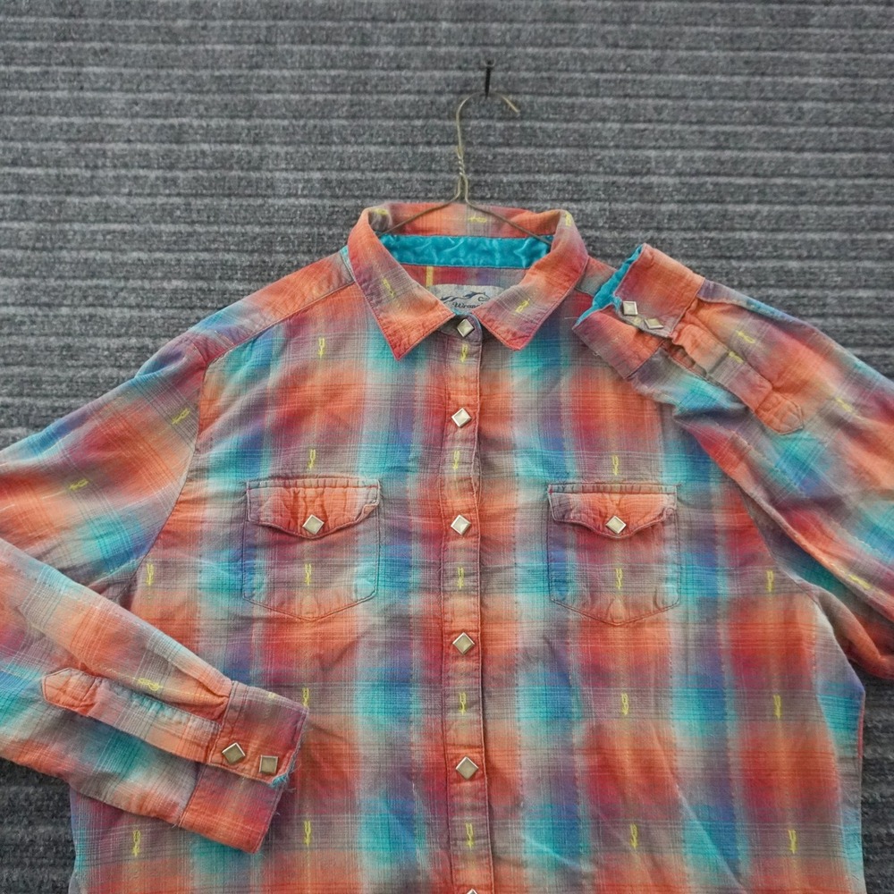 Wrangler Western Snap Shirt Women XL Multicolor Plaid Metallic Lurex Cactus